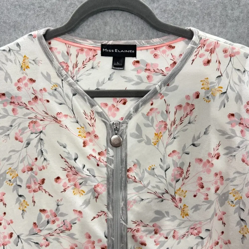 Miss Elaine Cotton Knit Full Zip Robe Housecoat Sz L White Pink Floral Pockets